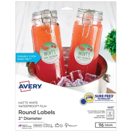 Avery Durable Waterproof Labels with Sure Feed Technology, 2" Diameter, Matte White, Laser & Pigment-Inkjet, 96 Printable Labels (5657) image {9}