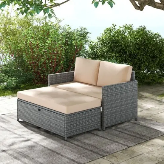 Tangkula Outdoor Rattan Daybed Wicker Loveseat & 31 Gallon Storage Ottoman w/Soft Cushions Space-Saving 2-Person image {2}
