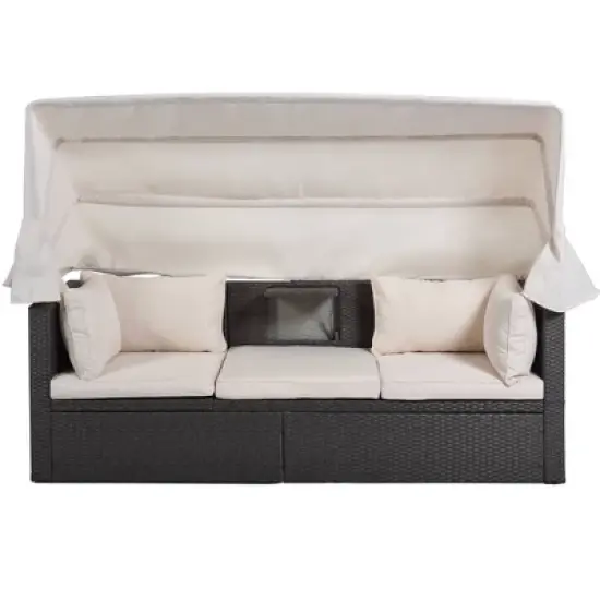 4pc Outdoor Wicker Rectangle Daybed with Canopy & Cushions - Beige - GODEER image {3}