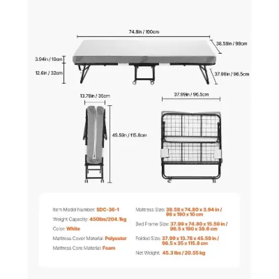VEVOR Rollaway Bed, 38 in x 75 in Folding Bed with 4 in Mattress, Twin Size Foldable Bed with Sturdy Metal Frame & Memory Foam Mattress image {7}