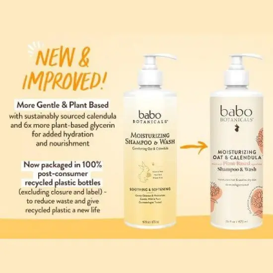 Babo Botanicals Moisturizing Oat & Calendula Shampoo& Wash | For Dry or Sensitive Skin - For all ages - Lightly Scented - Vegan - 16 oz (PACK OF 2) image {1}