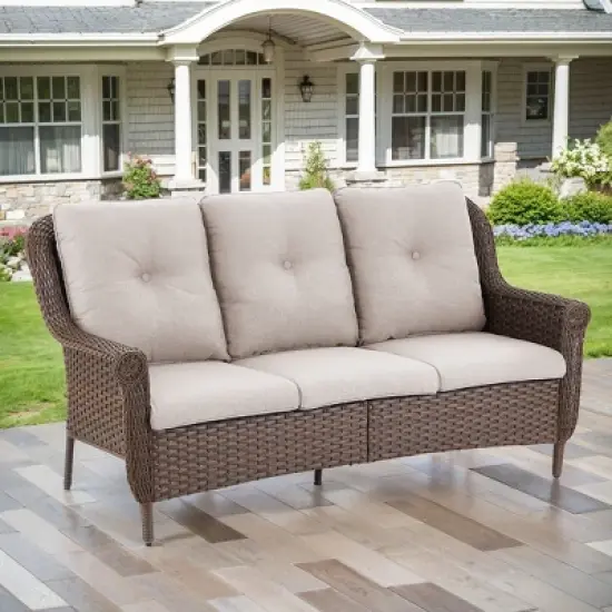 POCASSY 68" Wide Outdoor 3-Seater Sofa Patio Couch, All Weather Brown Wicker Patio Couch with Cushions for Porch Deck Backyard Pool image {1}