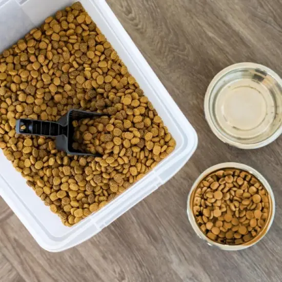 IRIS USA Dog Food Storage Container 50 lbs, with Removable Rolling Wheels & Included Scoop, for Dog Cat Bird and Other Pets, Clear/Dark Gray image {3}