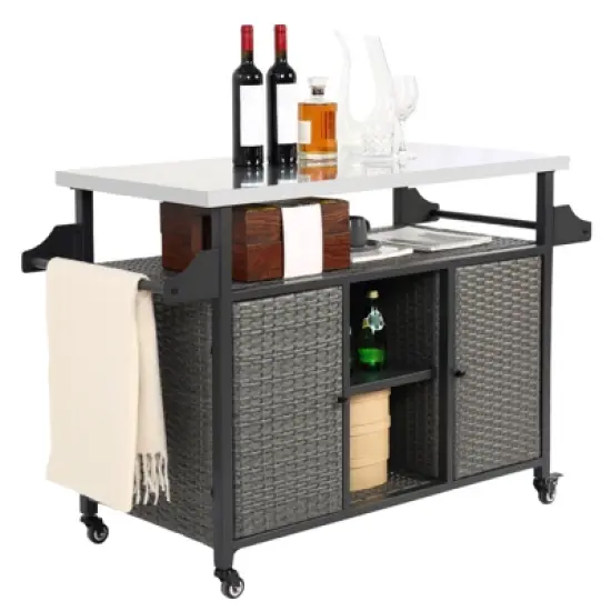 Outdoor Wicker Bar Cart, Island Rolling Cart with Stainless Steel Top, Patio Serving Cart, Beverage Bar Counter Table for Backyard Garden Grey image {1}