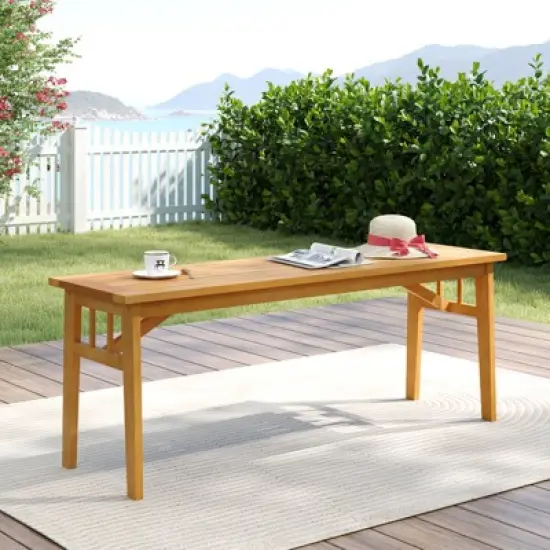 Tangkula Acacia Wood Outdoor Bench 48" Long Backless Wooden Picnic Bench w/ Slatted Seat image {1}
