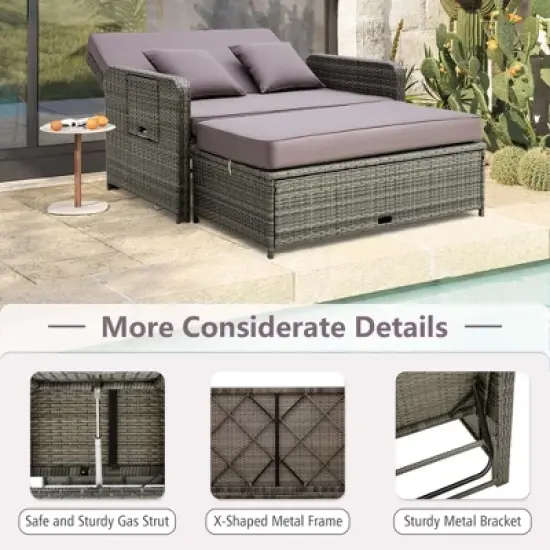 Costway Patio Rattan Daybed Set Wicker Loveseat Sofa with Ottoman & Retractable Side Tray image {9}