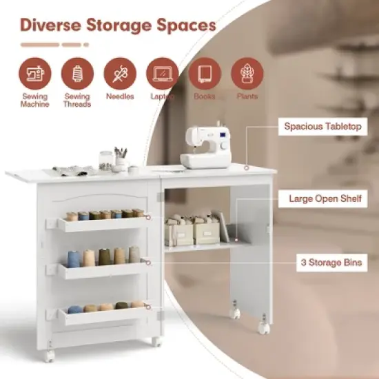 Costway White Folding Sewing Craft Table with Storage Shelves Cabinet Lockable Wheels image {7}