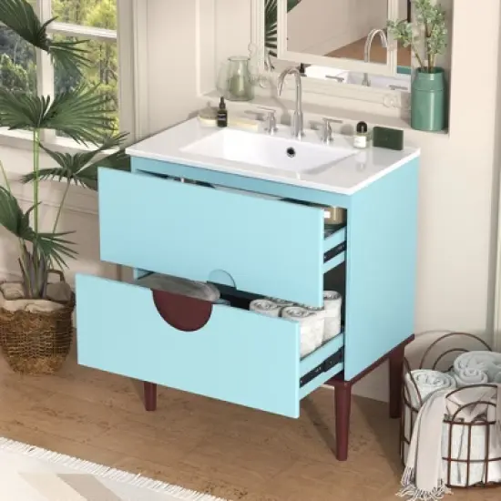30'' Bathroom Vanity with Ceramic Sink, Solid Wood Frame Modern Bathroom Storage Cabinet with 2 Soft-Close Drawers, Blue - ModernLuxe image {1}