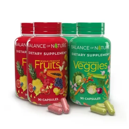 Balance of Nature Fruits & Veggies - Whole Fruit and Vegetable Ingredients for Women, Men, and Kids - 90 Fruit Capsules, 90 Veggie Capsules - 2 Sets image {7}