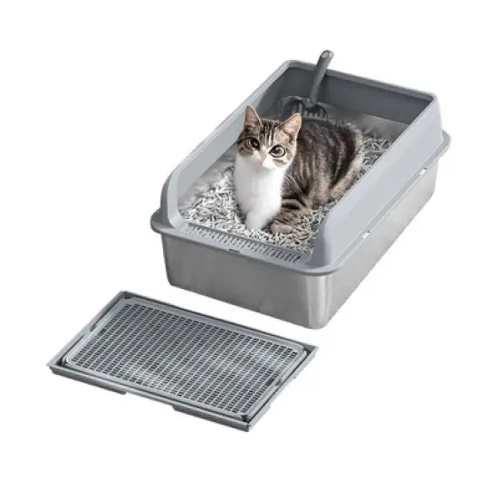 Stainless Steel Cat Litter Box with Lid, Large Litter Box for Big Cats Non-Stick Stainless Steel Cat Boxes with Double Layer Litter Mat and Scoop image {10}
