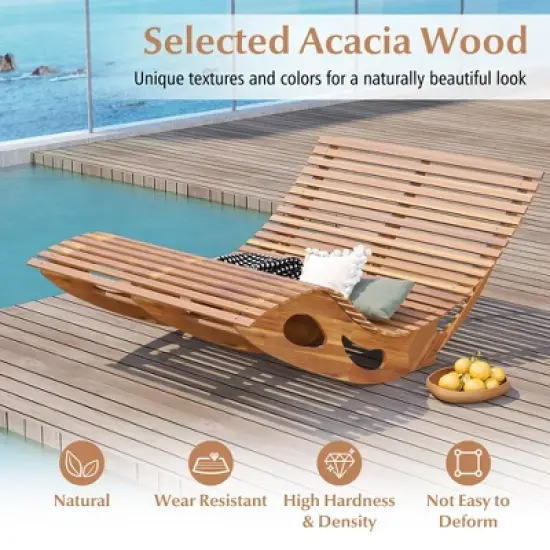 Tangkula 2PCS Outdoor Double Chaise Lounge Chair Acacia Wood Rocking Sunbed with Slatted Backrest and Seat Wooden Loveseat Rocker image {4}