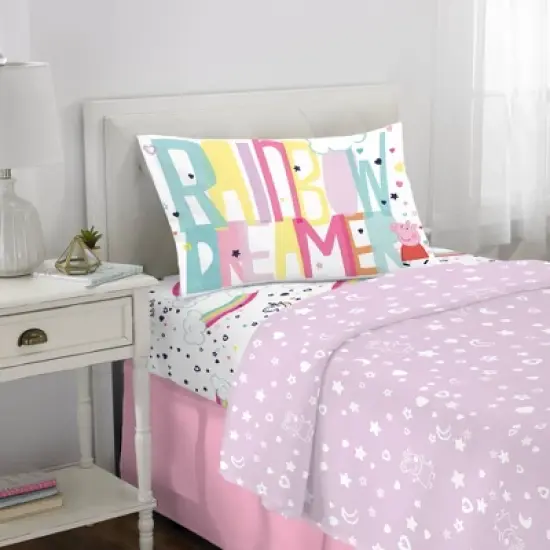 Twin Peppa Pig Rainbow Dreamer Reversible Kids' Bedding Bundle: Comforter Set with Pillow Case & Sheets, Multicolor image {2}