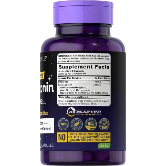 Carlyle Melatonin 10mg with Ashwagandha | 120 Capsules image {1}
