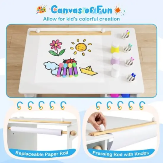 Infans Kid&rsquo;s Art Table & Chair Set with Paper Roll 4 Paint Cups & 2 Storage Shelves image {8}