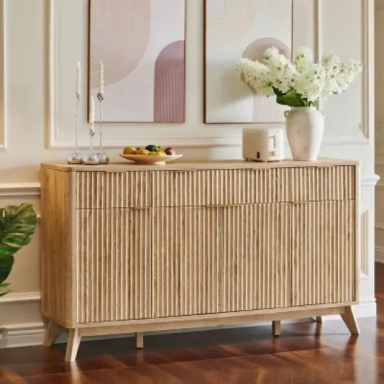 60" Buffet Sideboard Cabinet, Fluted Coffee Bar Table with 3 Drawers & 4 Doors, Modern Sideboard for Dining Room, Living Room image {9}