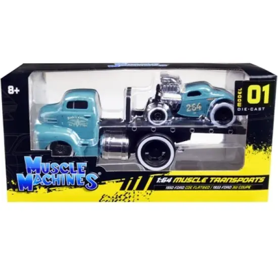 1950 Ford COE Flatbed Truck & 1933 Ford 3W Coupe Matt Light Blue w/Graphics (Weathered) 1/64 Diecast Model Cars Muscle Machines image {2}