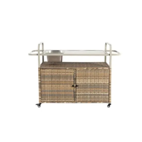 DSVIMOY Outdoor Bar Cart with Cabinet, Patio Serving Cart with 1 Ice Bucket, Lockable Wheels, Side Basket, Beige, 51.57"*19.69"*35.83" image {4}