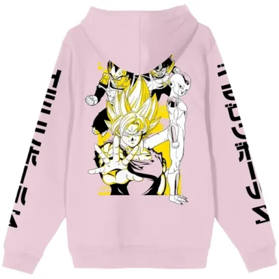 Dragon Ball Z Characters on Back with Kanji Sleeves Men's Pink Graphic Hoodie image {2}