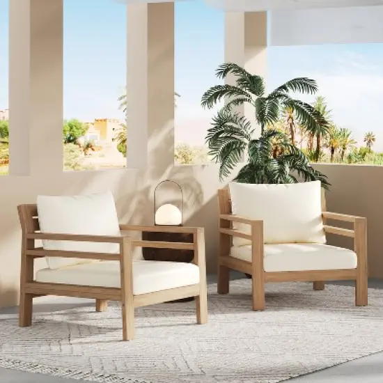 Christopher Knight Home Barnaby Outdoor Acacia Wood Slat Design Upholstered Club Chair, Beige image {1}