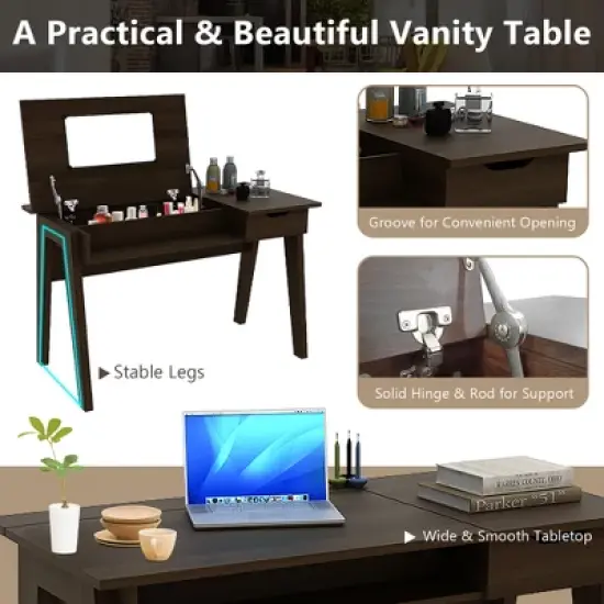 Costway Vanity Table with Flip Mirror Writing Computer Desk Storage Drawer Walnut image {4}