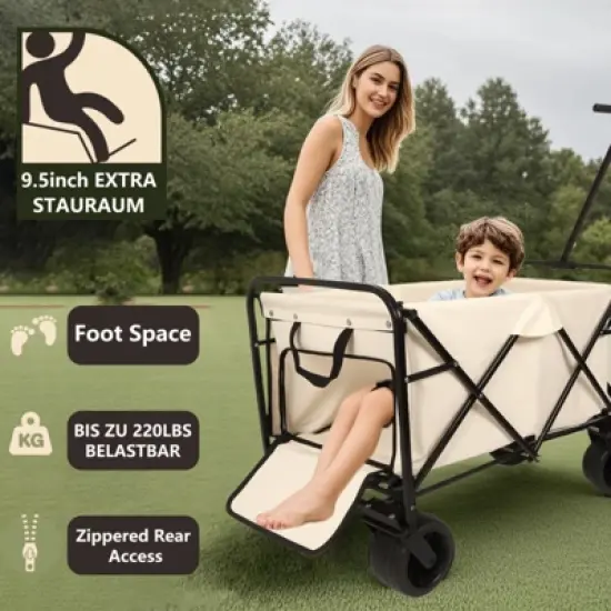 RISOKEYS Collapsible Wagon Cart,with 360&deg; Rotating Rear Wheels & All-Terrain Tires, 300LB Capacity for Camping,Beach,Outdoor,Beige image {1}