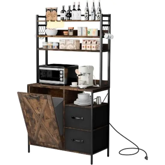 spanspace 66" Kitchen Bakers Rack with Tilt-Out Trash Cabinet with Power Outlet, Removable Drawers & 6 Hooks, Fits 10-Gallon Bins image {6}