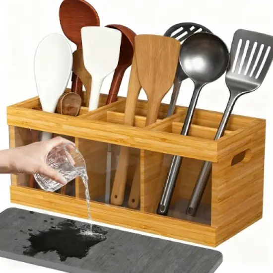 Bamboo Utensil Holder for Countertop, Kitchen Cooking Utensil Organizer with 6 Compartments & Diatomaceous Earth Drying Mat, Wood Silverware Caddy image {8}