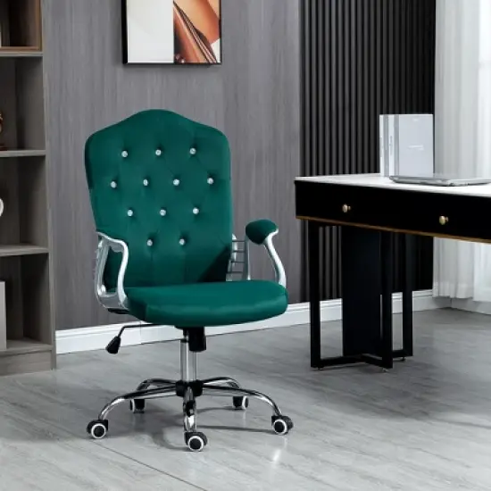 Vinsetto Home Office Chair, Velvet Computer Chair, Button Tufted Desk Chair with Swivel Wheels, Adjustable Height, and Tilt Function, Dark Green image {1}