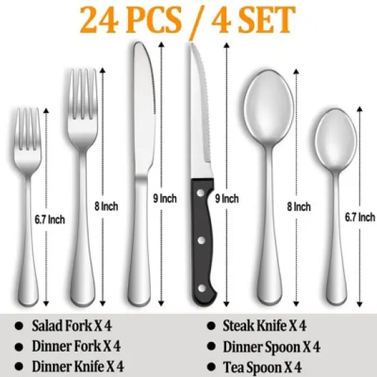 Itopfox 24-Piece Stainless Steel Silverware Set with Steak Knives, Mirror Polished Flatware for 4, Dishwasher Safe Cutlery Set for Home Kitchen image {1}