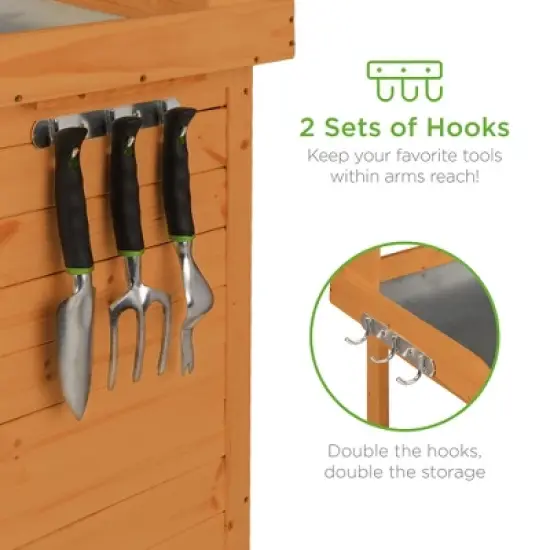 Best Choice Products Outdoor Garden Wooden Potting Bench Station w/ Metal Table Top, Pre-Stained Finish, Cabinet - Brown image {4}