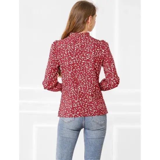 Allegra K Women's Smocked Cuffs Top Puff Sleeve Ruffled Neck Vintage Printed Blouses image {4}