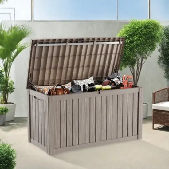 NAYSAYE Deck Box, 150 Gal Outdoor Storage Deck Box, Small Patio Storage Bin for Garden Tools, Brown, 54.25"*26.5"*28.74" image {3}