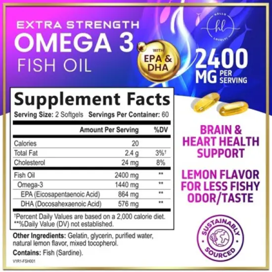 Omega 3 Fish Oil Triple Strength 2400 mg Softgels, Omega-3 Supplements, Natural Heart Health Brain & Joint Support - 120 Softgels By Hello Lovely! image {1}