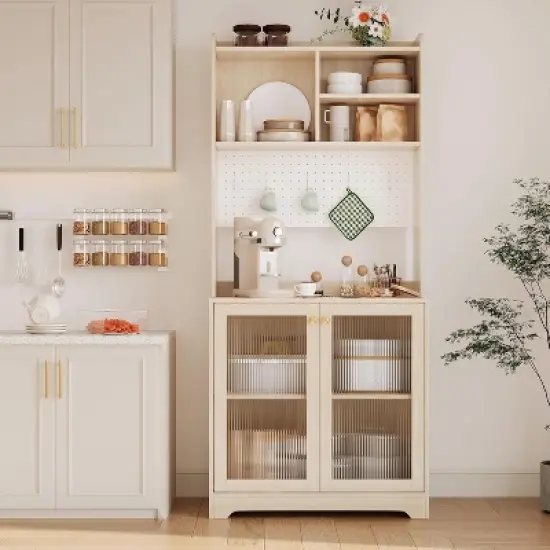Acekool 71" Tall Pantry Cabinet with Glass Doors, Open Shelves & Adjustable Storage, Modern Kitchen Hutch & Coffee Bar Cupboard,Wood image {8}