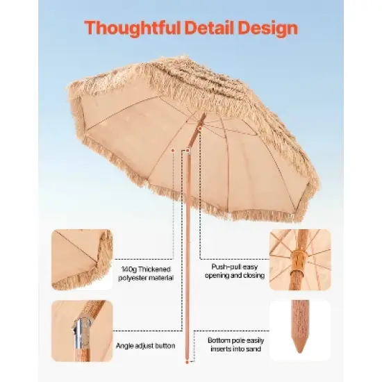 VEVOR Tiki Umbrella, 8 ft Thatched Patio Umbrella with Tilt, Hawaiian Style Beach Parasol with Durable PP Thatch and 8 Metal Ribs, Oringinal Color image {6}