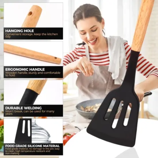 Itopfox 34-Piece Silicone Cooking Utensil Set with Wooden Handles Heat Resistant Kitchen Tools for Nonstick Cookware Includes Spatulas, Spoons, Tongs image {4}