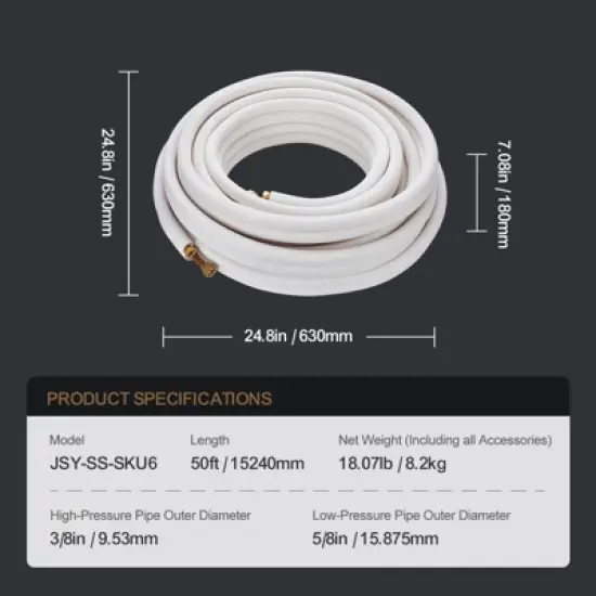 VEVOR 50FT Mini Split Line Set, 3/8" & 5/8" O.D Copper Pipes Tubing and Triple-Layer Insulation, for Mini Split Air Conditioning Refrigerant, White image {7}