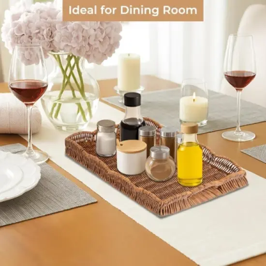 BRINJOY Scalloped Rectangular Woven Tray - Synthetic Rattan Coffee Table Tray with Handles image {1}