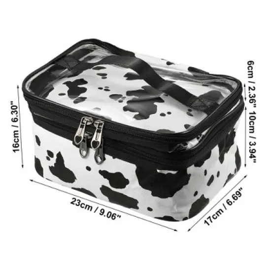 Unique Bargains Black White Double Layer Makeup Bag Cosmetic Travel Bag Case Large Makeup Bag Make Up Organizer Bag for Women Cows Texture 1 Pc image {4}