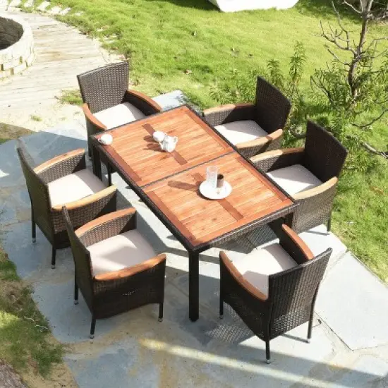 Costway 7PCS Patio Rattan Dining Set 6 Stackable Chairs Cushioned image {4}