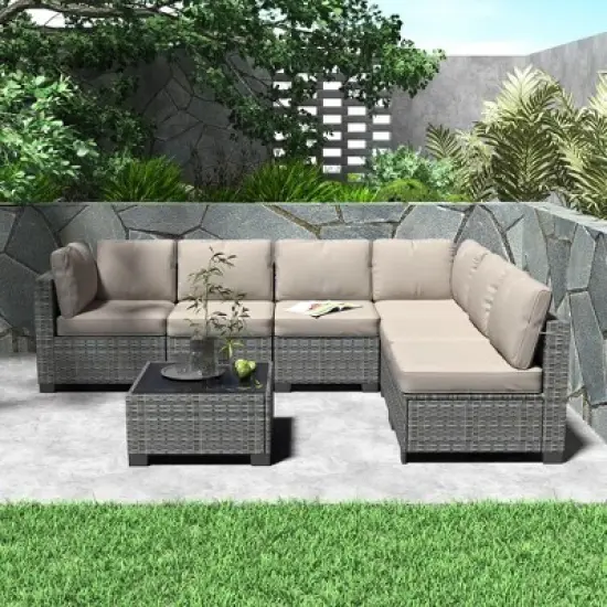 7-Piece Outdoor Patio Furniture Set with Glass Top Coffee Table, PE Rattan Wicker Sectional Modular Conversation Sofa Set w/ Cushions for Patio image {6}