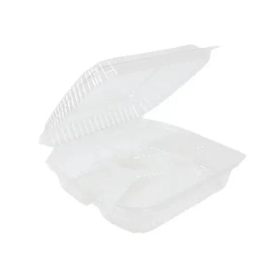 Inno-Pak 8" x 8" x 3" Clamshell Container 3-Compartment Clear RPET - Pack of 80 image {1}