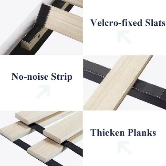 Bed Frame with Wingback Headboard - Vertical Channel Tufted Upholstered Platform, Noise-Free Reinforced Wood Slats, No Box Spring Needed, White image {8}