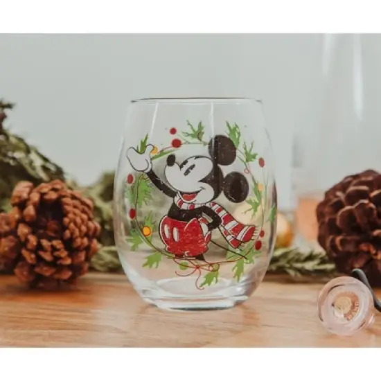 Silver Buffalo Disney Mickey Mouse Christmas Wreath Stemless Wine Glass | Holds 20 Ounces image {2}