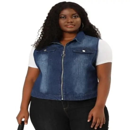 Agnes Orinda Women's Plus Size Trucker Zipper Front Sleeveless Denim Jacket Vests image {3}