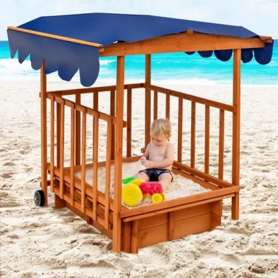 Costway Wooden Retractable Sandbox  with Cover & Built-in Wheels Kids Outdoor Playhouse image {2}