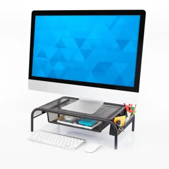 Mount-It! Computer Monitor Stand with Drawer and Storage, Black Metal Mesh Monitor Riser and Organizer for Single Display or Laptops image {2}