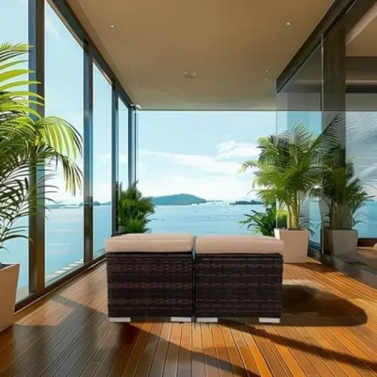 FIONECA All-Weather Outdoor Ottoman with Storage &uml;C PE Wicker Patio Footstool, Beige image {7}