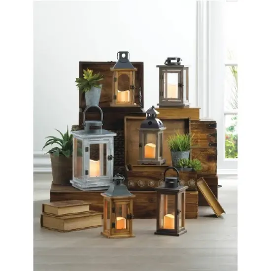 7.1" Wood Lodge Outdoor Lantern with LED Candle Brown - Zingz & Thingz: Indoor/Outdoor Votive Holder, Tabletop Display image {2}