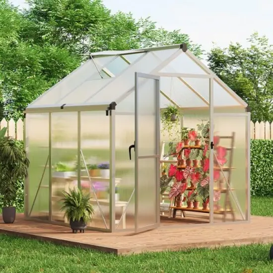 6x6FT Walk in Polycarbonate Greenhouses with Enhanced Aluminum Frame and Roof Vent for Outdoors and Seasons Garden Planting Silver image {4}